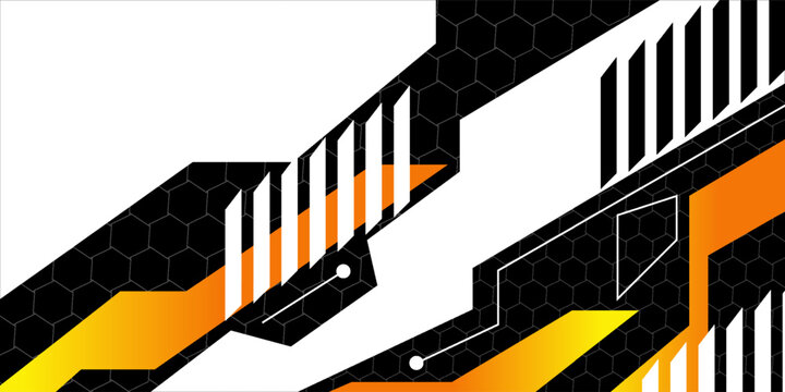 Abstract Racing Background with Hexagon Pattern and Orange Yellow Geometric Stripes. Dynamic Cyber Sport Vector Graphic for Car Wrap, Esport Jersey, Gaming Banner, Decal, and Tech Poster.
