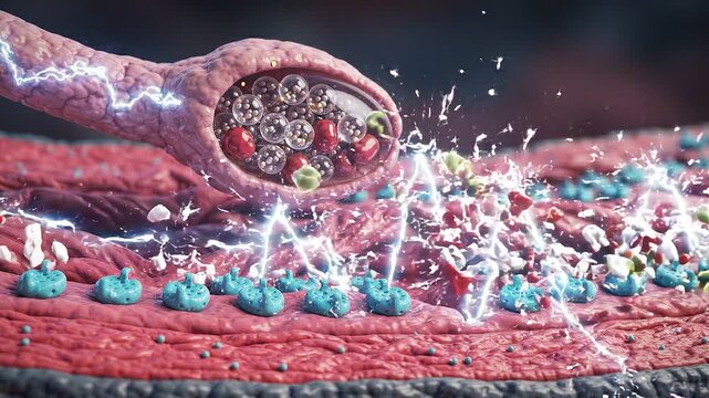 Neurotransmitter Release from Neuron at Synaptic Junction with Bacterial Cells and Receptor Sites 3D Medical Illustration of Cellular Communication
