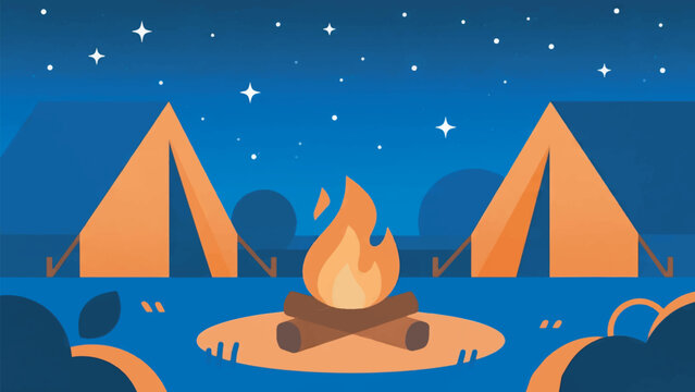 Illustration Of A Summer Night Campfire In A Camping Area, The Sky Is Full Of Stars Vector Design Template