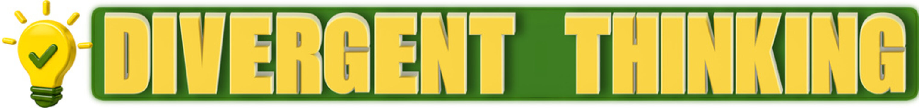 Divergent Thinking 3d Lettering and Light Bulb, isolated on green curved rectangular background- 3d rendering