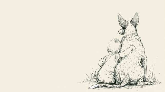 Trust and loyalty in cooperation: heartwarming pencil sketch of a child hugging a large dog, showcasing companionship and protection