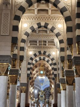 Elegant Symmetrical Interior of Al Masjid an Nabawi in Medina, Saudi Arabia