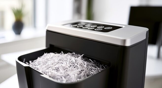 Close-up of a modern office paper shredder filled with shredded paper.