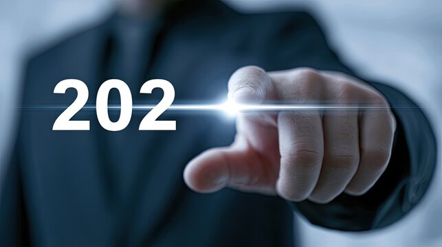 Businessman pointing at the number 202 with a bright light effect.