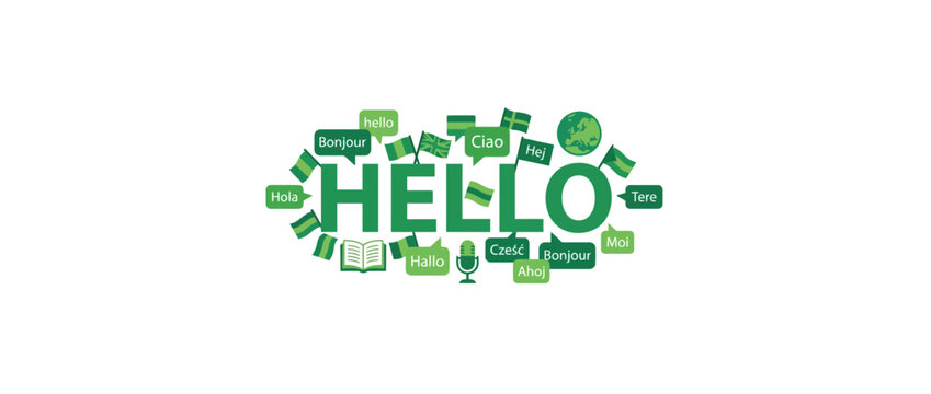 Global Hello Word Cloud with Greeting Bubbles and Flags