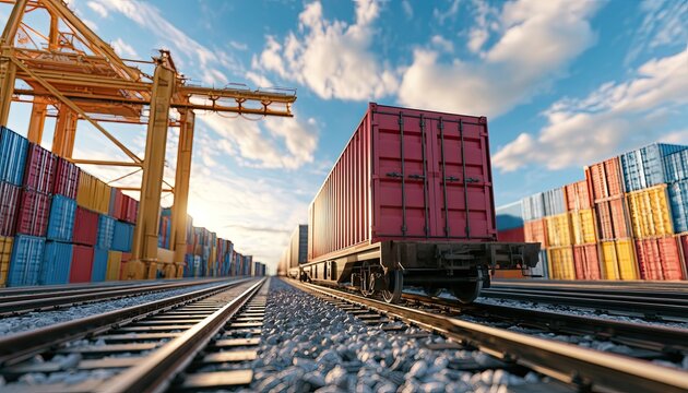 Modern Cargo Train Loaded with Shipping Containers at a Busy Port Terminal.