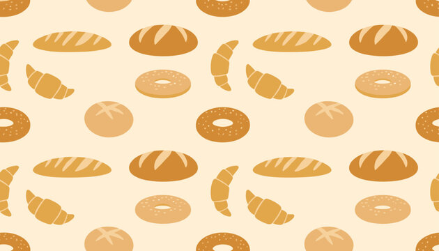 Seamless bakery pattern showcasing various types of delicious bread such as croissants, bagels, and fresh baguettes.