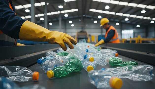 A diligent worker wearing protective yellow gloves systematically organizes discarded plastic bottles on a fast moving industrial conveyor belt inside a large sorting facility for sustainable