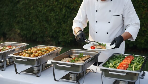 A professional chef wearing protective gloves carefully portions gourmet food from heated stainless steel chafing dishes onto a ceramic plate for guests attending an outdoor catered dinner event