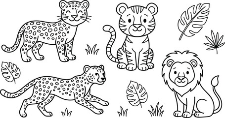 Cute wild big cats outline coloring page vector illustration set © MSTRUBINA