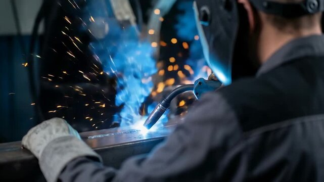 A male worker is welding in a workshop, focusing on creating a strong joint. Bright sparks fly as the welding equipment operates, displaying the skilled craftsmanship involved