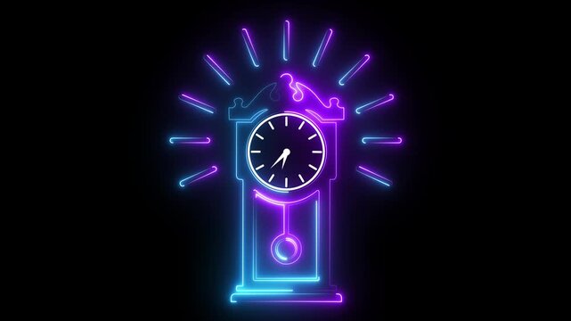 Neon grandfather clock animation with glowing pendulum and time lapse effect