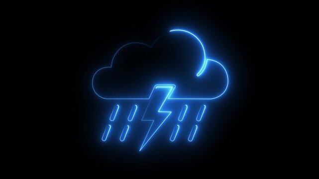 Glowing neon weather with rain and lightning bolt animation for digital interface and motion