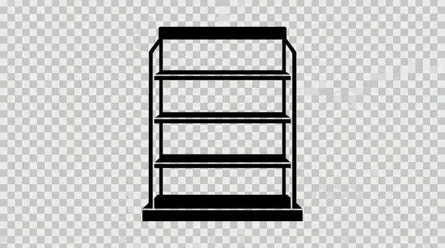 Retail store merchandise display rack icon vector, black front view supermarket shelf silhouette, isolated object