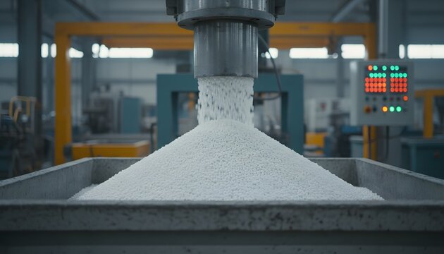 Automated industrial machine processes white plastic resin pellets into a large storage hopper within a manufacturing facility to ensure efficient raw material supply for high volume production