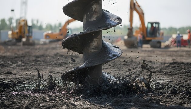 A heavy industrial auger creates deep boreholes in wet earth as mechanical excavators operate on the horizon of a large construction site where contractors prepare the ground for future projects