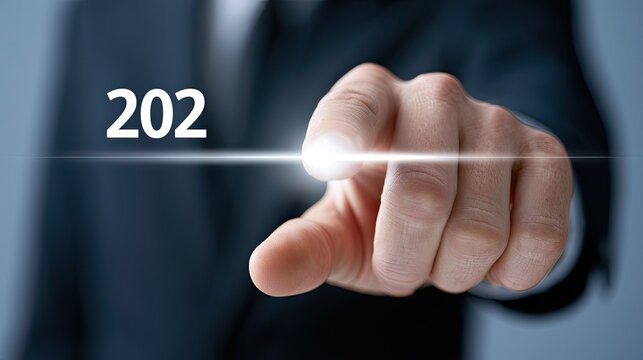 Businessmans Finger Points to the Number 202 on a Futuristic Interface.