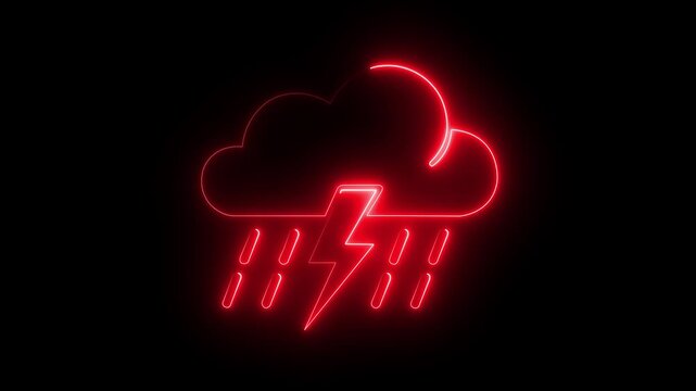Red neon weather with rain and lightning bolt animation on black background