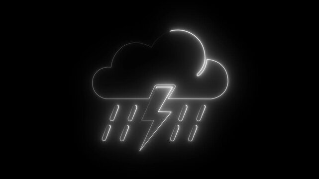 Neon weather with rain and lightning bolt animation on black background