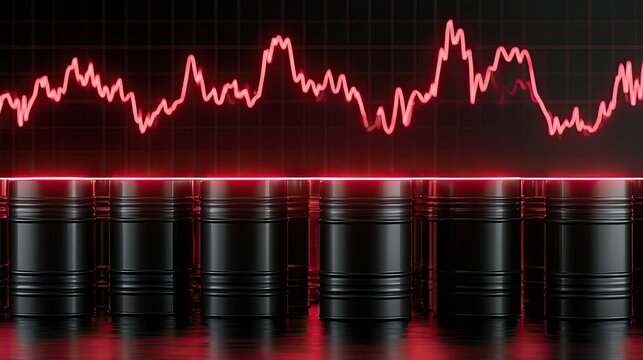 Oil Barrels and Red Stock Market Graph Reflecting Volatility.