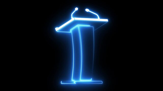 Neon glowing podium with microphones for conference or presentation