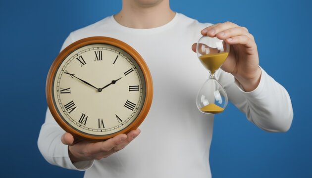 A person wearing a white shirt holds a circular wooden wall clock along with a flowing sand hourglass to represent the passing of human life and the critical necessity for proper schedule