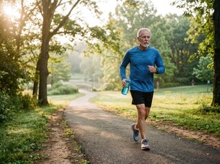 Obraz premium Active senior man running on park path during a sunny morning workout