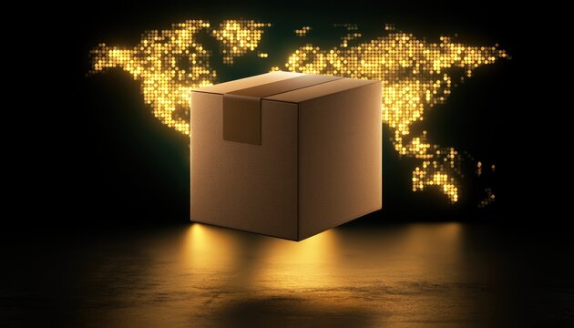 Global Shipping Box on Illuminated World Map Background.