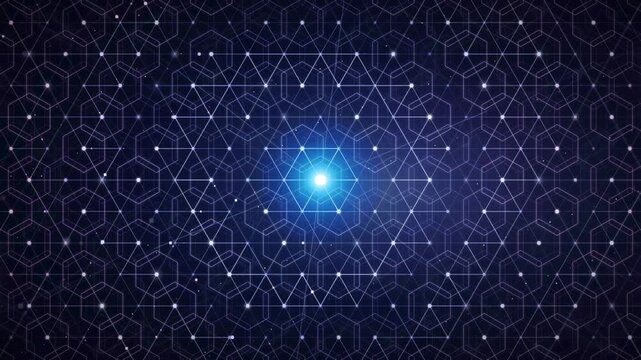 Abstract futuristic digital network background with glowing blue hexagonal grid and connecting data lines