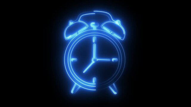 Glowing neon alarm clock animation, abstract blue time concept on black background