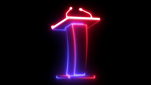 Neon podium with microphones glowing in red and blue light on black background