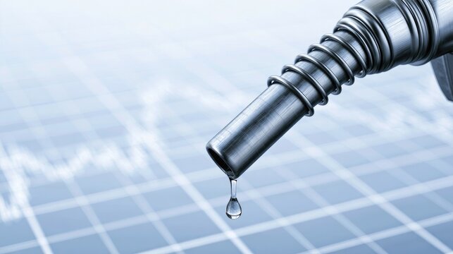 Fuel Nozzle Dripping Fuel Drop Against Financial Graph Background.