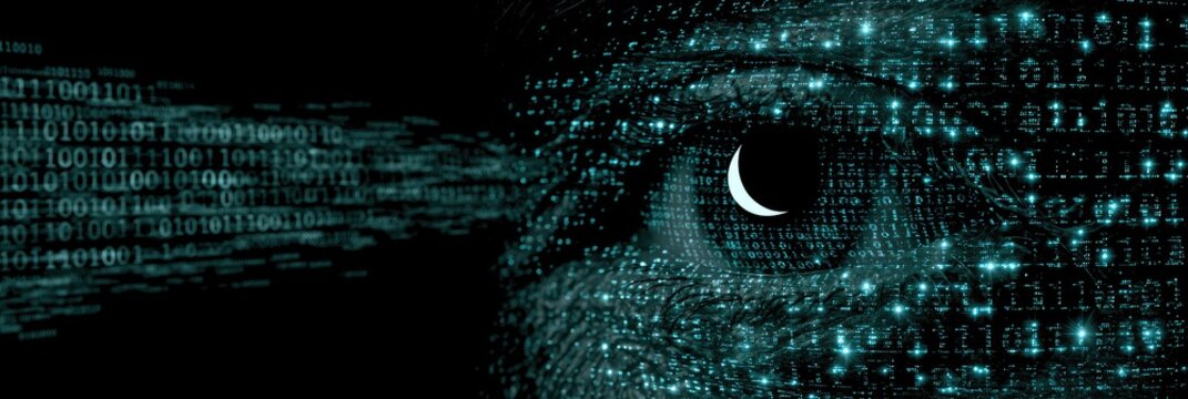 Digital Eye Observing Binary Code Data Stream.