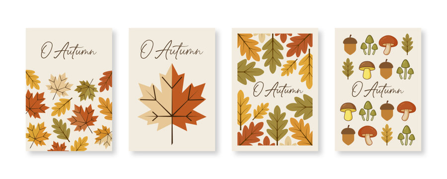 A set of minimalist autumn card designs featuring fall leaves, acorns, and mushrooms in a muted, earthy color palette.