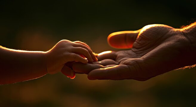 Close up of a childs hand holding an adults hand at sunset.