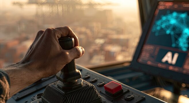 Close-up of a hand operating a joystick in a futuristic cockpit with AI interface.