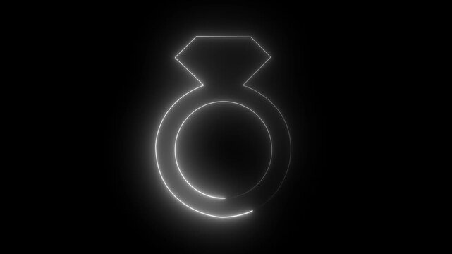 Glowing neon diamond ring animation on black background, for wedding and, jewelry branding