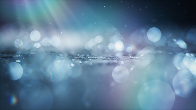 Dark blue background with glowing bokeh light circles and soft lens flare effects