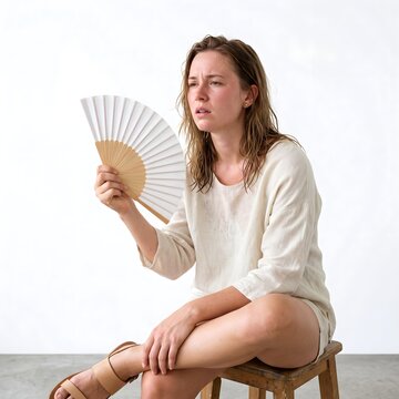 Overheated young woman cooling herself with hand fan, sweaty female suffering from heatstroke in summer, exhausted person feeling hot and humid