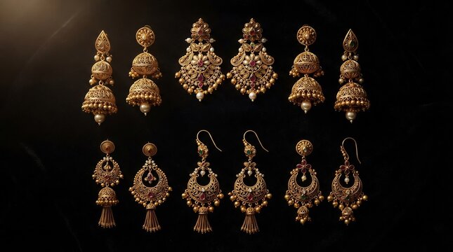 Exquisite traditional gold drop earrings collection arranged elegantly against deep dark luxurious