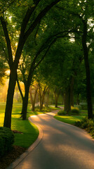 Obraz premium Serene park pathway surrounded by lush green trees at sunrise