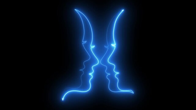 Neon blue glowing profile silhouettes facing each other abstract animation