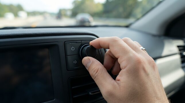 Hand adjusting car radio volume knob on vehicle dashboard