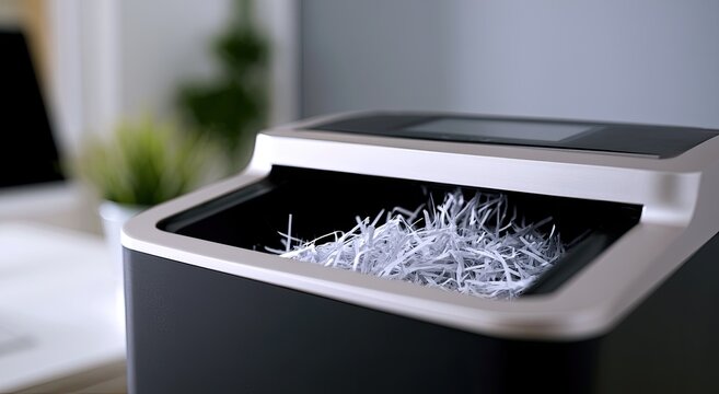 Close-up of a modern paper shredder with shredded paper emerging.