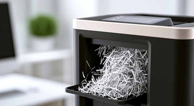 Close-up of a modern office paper shredder filled with shredded documents.