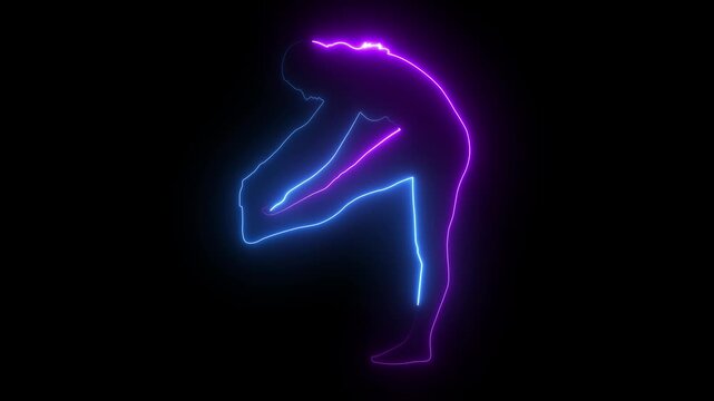 Neon glowing silhouette of a woman stretching and exercising in vibrant pink and blue light