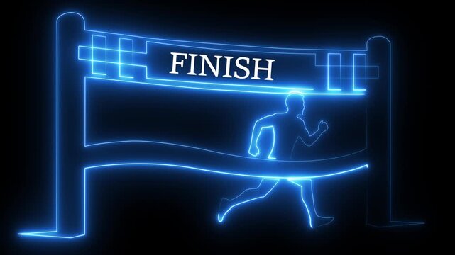 Neon glowing runner crossing finish line animation, success and achievement concept, digital sports motion