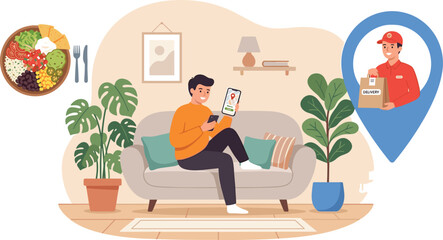 Fototapeta premium Man sitting on sofa tracking food delivery order on smartphone application while courier holds grocery bag vector illustration
