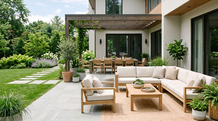 Fototapeta premium Outdoor patio with wooden sofas, beige cushions, and a coffee table, adjacent to a house with a pergola and a lush green backyard garden