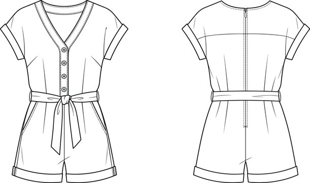 Technical flat sketch of a women short romper featuring button down front and waist tie belt